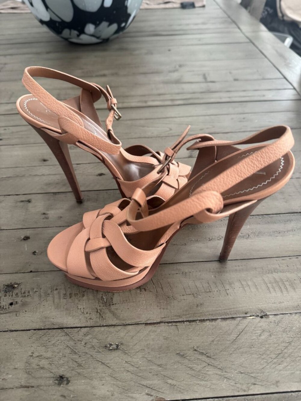 YSL Saint Laurent Beige Leather Tribute Platform Wood Heel Sandals Pumps 39 - Picture 7 of 8